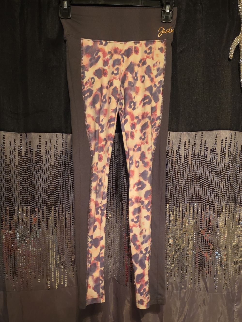 Justice Gray Leggings with Multicolor Leopard Panel